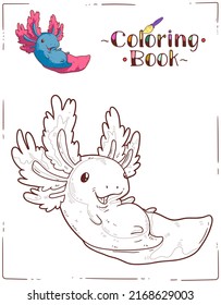 Axolotl, a Coloring Sheet. Cartoon outline picture of playful baby axolotl with colored example. A colouring book page. Contour illustration for children preschool education. Home activity for kid