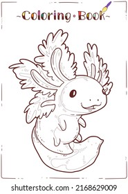 Axolotl, una hoja de colorear. Dibujo de dibujo de un bebé axolotl juguetón. Una página de un libro de colorear. Ilustración de contorno para la educación preescolar infantil. Interesante actividad en el hogar para los niños