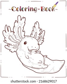 Axolotl, a Coloring Sheet. Cartoon outline picture of playful baby axolotl. A colouring book page. Contour illustration for children preschool education. Interesting home activity for kids