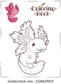 Axolotl, una hoja de colorear. Dibujo de esquema de dibujos animados de un bebé axolotl juguetón con un ejemplo de color. Una página de un libro de colorear. Ilustración de contorno para la educación preescolar infantil. Actividad residencial para niños