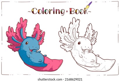 Axolotl, a Coloring Sheet. Cartoon outline picture of playful baby axolotl with colored example. A colouring book page. Contour illustration for children preschool education. Home activity for kid