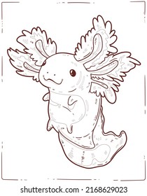 Axolotl, una hoja de colorear. Dibujo de dibujo de un bebé axolotl juguetón. Una página de un libro de colorear. Ilustración de contorno para la educación preescolar infantil. Interesante actividad en el hogar para los niños