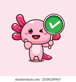 Axolotl con el signo correcto. Ilustración vectorial de personaje de dibujos animados de mascotas. elemento de diseño para póster, folleto, Web, mascota, pegatina, logotipo e ícono.