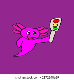 Axolotl Cute Cartoon Vector Illustration. axolotl mascot design holding traffic light hand drawn for fun red, yellow and green traffic sign introduction education concept.