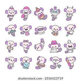 Axolotl cute kawaii cartoon character set with animal features, joyful elements, adorable illustrations, aquatic themes, festive designs, creative expressions, and delightful personalities