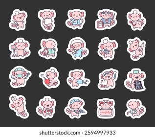 Axolotl doctor set featuring adorable medical characters with nurse hats, stethoscopes, clipboards, heartbeat monitors, thermometers, and other essential hospital tools for healthcare and patient care