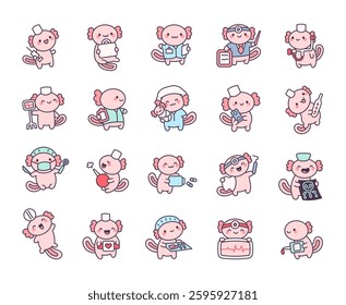 Axolotl doctor set featuring adorable medical characters with nurse hats, stethoscopes, clipboards, heartbeat monitors, thermometers, and other essential hospital tools for healthcare and patient care