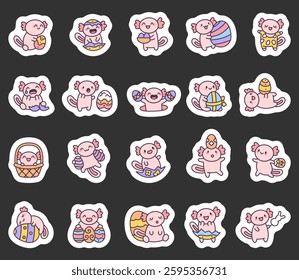 Axolotl easter set featuring adorable characters with eggs, baskets, and festive decorations, showing various emotions and cute poses in a charming holiday celebration for yours design projects