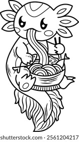 an axolotl is eating a big bowl of ramen