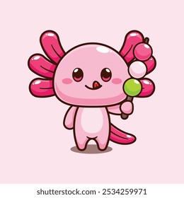 Axolotl comiendo dango. Ilustración vectorial de personajes de dibujos animados de mascotas. elemento de diseño para póster, folleto, Web, mascota, pegatina, logotipo e ícono.