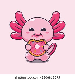 axolotl eating donut cartoon vector illustration.
Vector cartoon Illustration suitable for poster, brochure, web, mascot, sticker, logo and icon.