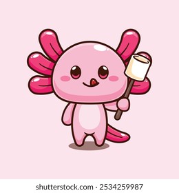 Axolotl comiendo malvavisco. Ilustración vectorial de personajes de dibujos animados de mascotas. Elemento de diseño para póster, folleto, Web, mascota, pegatina, logotipo e ícono.