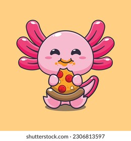 axolotl eating pizza cartoon vector illustration.
Vector cartoon Illustration suitable for poster, brochure, web, mascot, sticker, logo and icon.