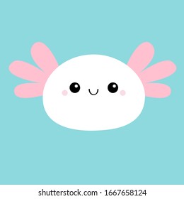 Icono de la cara de Axolotl. Salamandra mexicano. axolotílico blanco. Ambysoma mexicanum. Caricatura kawaii graciosa y sonriente personaje de bebé. dragón de agua. Diseño plano. Fondo azul. Aislado. Ilustración del vector