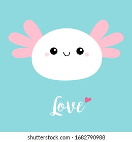 Axolotl face icon. Mexican salamander. White axolotyl. Ambysoma mexicanum. Cute cartoon kawaii funny smiling baby character. Water dragon. Love card. Flat design. Blue background. Vector illustration