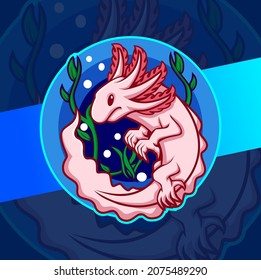 axolotl fish mascot character logo design with circle water for sport pet and logo