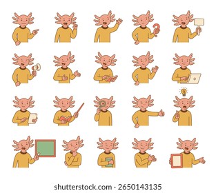 Axolotl guide character set showing different educational gestures with books, devices, speech and various thoughtful teaching elements for yours illustration and creative designs projects