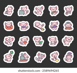 Axolotl halloween kawaii cartoon character set with adorable spooky designs featuring pumpkins, skeleton, candy, witch hat, vampire, dragon, cauldron, and festive decorations.