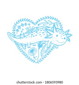 Axolotl. Hand drawn, t shirt design, tattoo flash, engraving