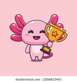 axolotl holding gold trophy cup cartoon vector illustration.