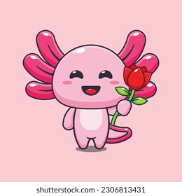 axolotl, der eine Rosenblume hält, Vektorgrafik.