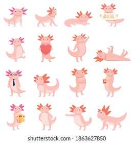 Los iconos de Axolotl se establecen. Juego de dibujos animados de iconos de los vectores axolotl para el diseño web