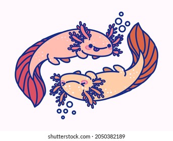 Axolotl illustration. Two axolotls with cute face