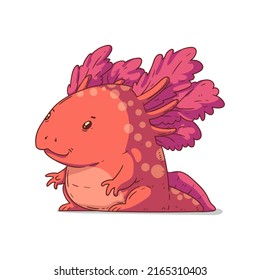 Axolotl, isolated vector illustration. Cute cartoon picture of lovely baby axolotl sitting. Drawn amphibian sticker. A simple drawing of Ambystoma Mexicanum on white background