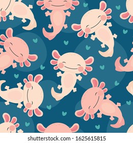 axolotl kawaii seamless pattern, baby amphibian background. cute animal drawn, cartoon illustration vector with heart for valentine
