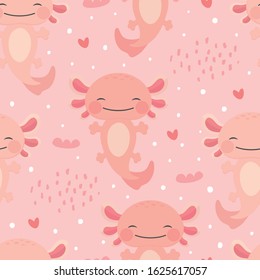 Axolotl kawaii seamless pattern, baby fish amphibian background. cute animal drawn, cartoon illustration vector with heart for valentine