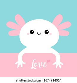 Axolotl. Salamandra mexicano. axolotílico blanco. Ambysoma mexicanum. Tarjeta de amor. Caricatura kawaii graciosa y sonriente personaje de bebé. dragón de agua. Diseño plano.Fondo azul. Ilustración del vector