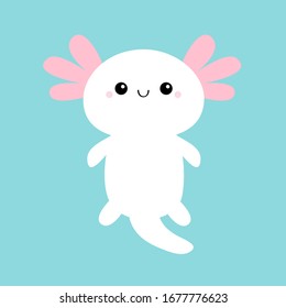 Axolotl. Mexican salamander. White axolotyl. Ambysoma mexicanum. Cute cartoon kawaii funny smiling baby character. Water dragon. Pink horns. Flat design. Blue background. Isolated. Vector illustration