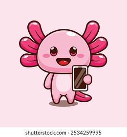 Axolotl con teléfono móvil. Ilustración vectorial de personajes de dibujos animados de mascotas. Elemento de diseño para póster, folleto, Web, mascota, pegatina, logotipo e ícono.