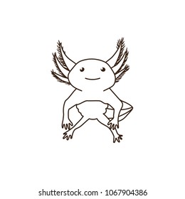 Axolotl. Monochrome contour vector illustration with cute axolotl in a front view. Flat style. Isolated on white background.