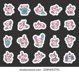 Axolotl party set featuring adorable kawaii cartoon characters celebrating with balloons, cake, confetti, candles, drinks, different poses and charming festive accessories, for yours design projects