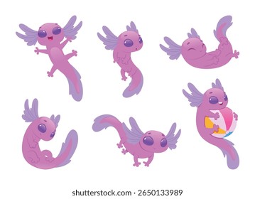 Axolotl. Pink amphibian cute character mascot in action poses exact vector isolated set