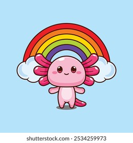 Axolotl con arco iris. Ilustración vectorial de personajes de dibujos animados de mascotas. elemento de diseño para póster, folleto, Web, mascota, pegatina, logotipo e ícono.