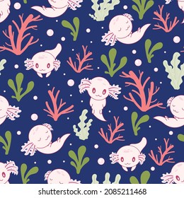 Axolotl seamless pattern with corals and sea weed