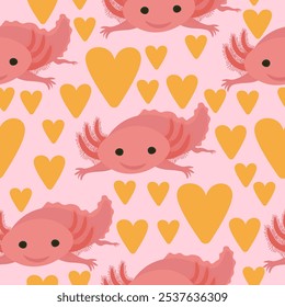 Patrón sin fisuras de Axolotl, lindo animal y corazones para la tela, papel o diseño de embalaje sobre Ilustración vectorial de fondo rosa suave