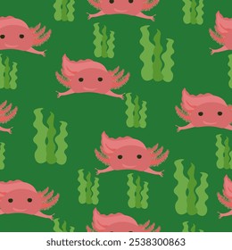 Modelo inconsútil de Axolotl, animal lindo y alga marina para la tela, el papel o el diseño de empaquetado en la Ilustración vectorial verde oscura del fondo