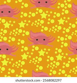 Axolotl seamless pattern, cute animal and stars for fabric, paper or packaging design on orange background vector illustration