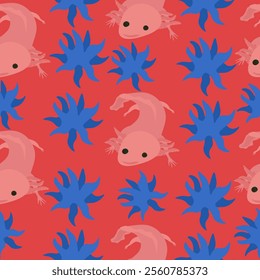 Axolotl seamless pattern, good-natured animal and fantasy flowers for fabric, paper or packaging design on red background vector illustration