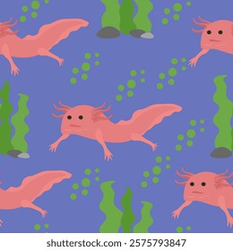 Axolotl seamless pattern, positive animal and algae for fabric, paper or packaging design on blue purple background vector illustration