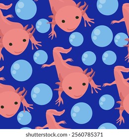 Axolotl seamless pattern, underwater animal and bubbles for fabric, paper or packaging design on dark blue background vector illustration 