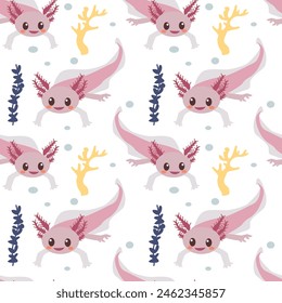 Axolotl seamless pattern with underwater elements. Hand drawn funny animal vector illustration, print design