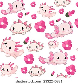 axolotl set flowers seamless texture