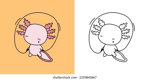 Axolotl Sportsman Clipart Multicolored and Black and White. Beautiful Salamander Sportsman. Vector Illustration of a Kawaii Animal for Prints for Clothes, Stickers, Baby Shower, Coloring Pages.
 svg