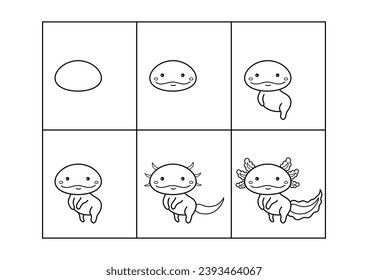 Axolotl. Step by step drawing. Coloring page, coloring book page. Black and white vector illustration.