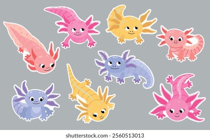 Axolotl sticker set. Cute hand drawn axolotls
