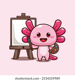 Axolotl quiere pintar sobre lienzo. Ilustración vectorial de personajes de dibujos animados de mascotas. elemento de diseño para póster, folleto, Web, mascota, pegatina, logotipo e ícono.